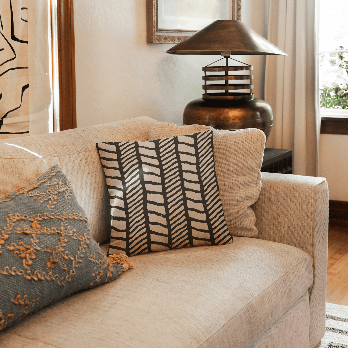 Black and Beige Abstract Herringbone Woven Pillow