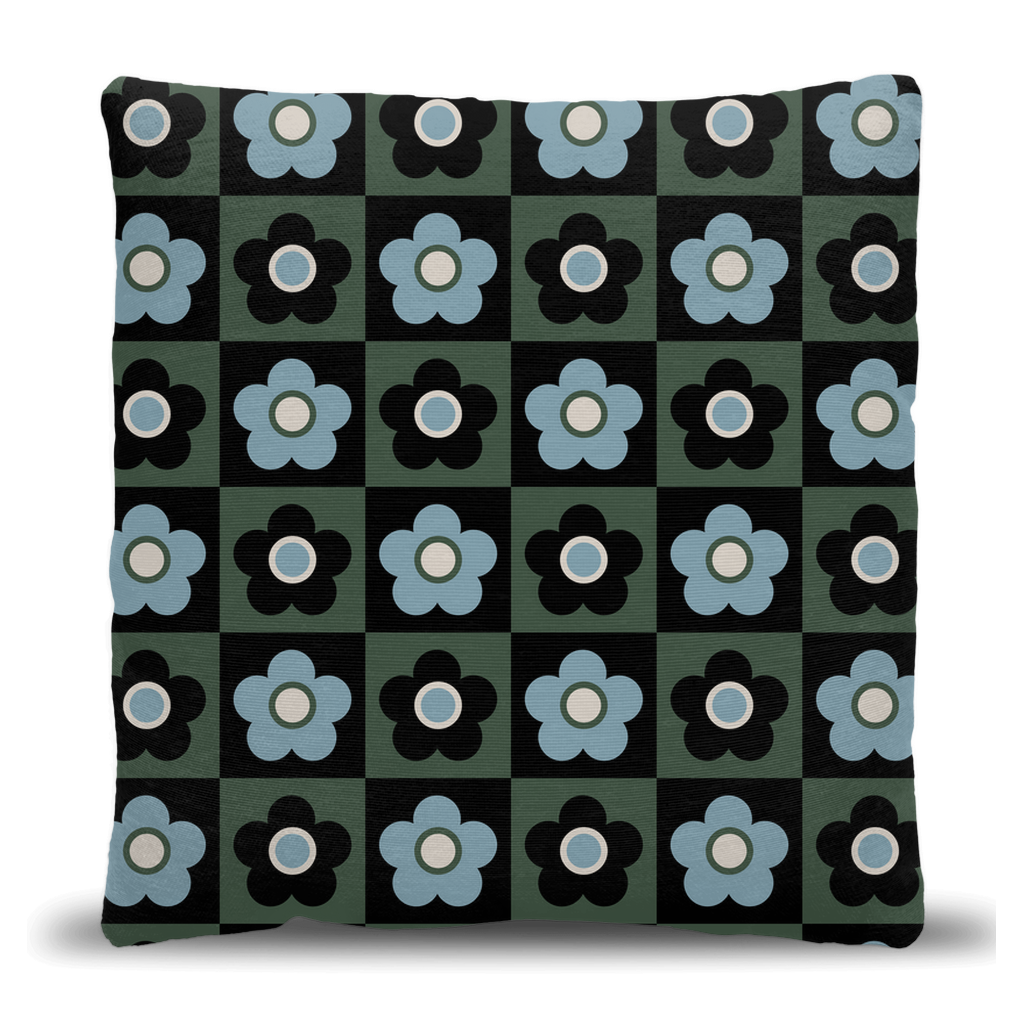 Retro 60s Floral Checker Woven Accent Pillow in Black, Blue, and Green