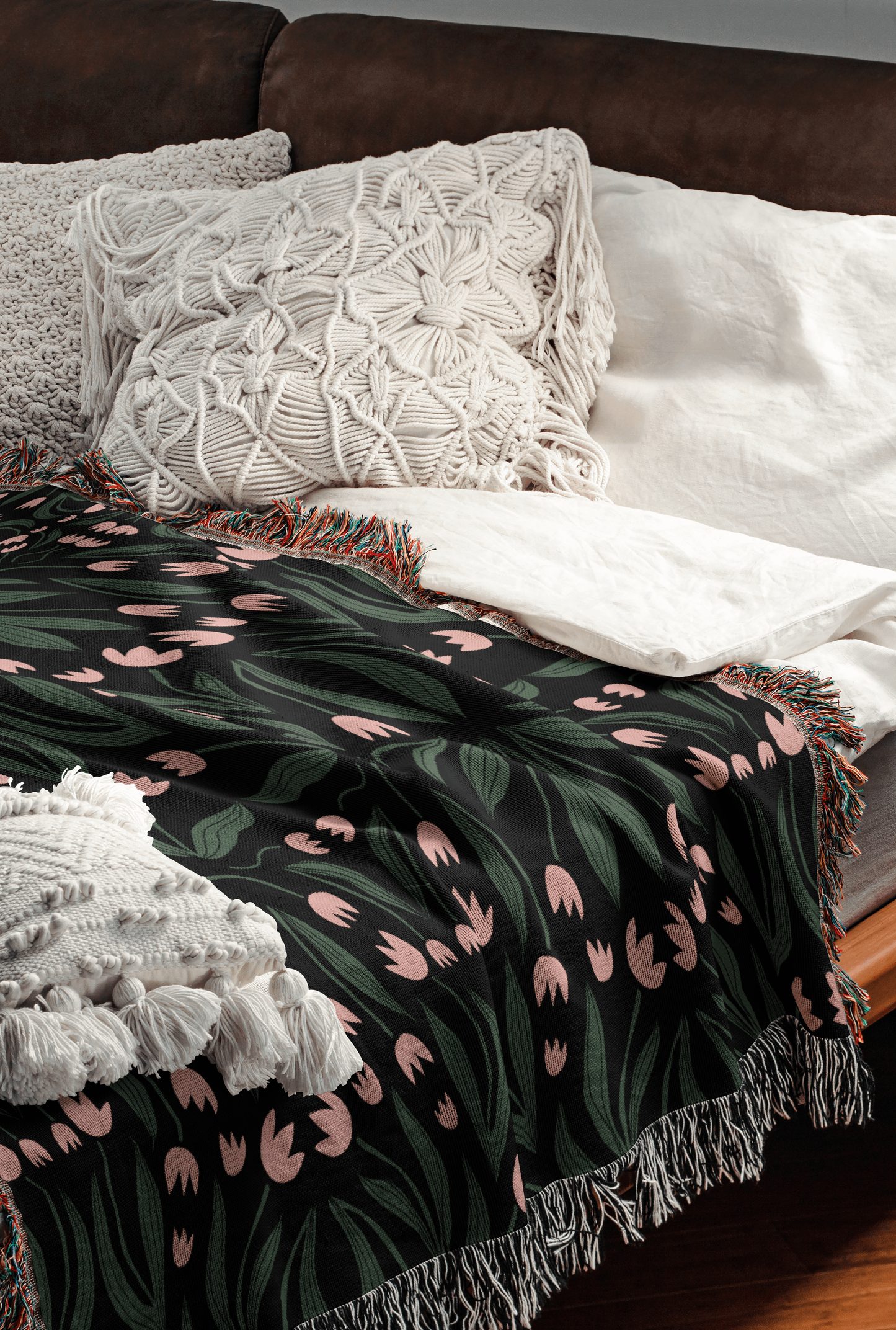 Green Pink and Black Floral Pattern Woven Blanket
