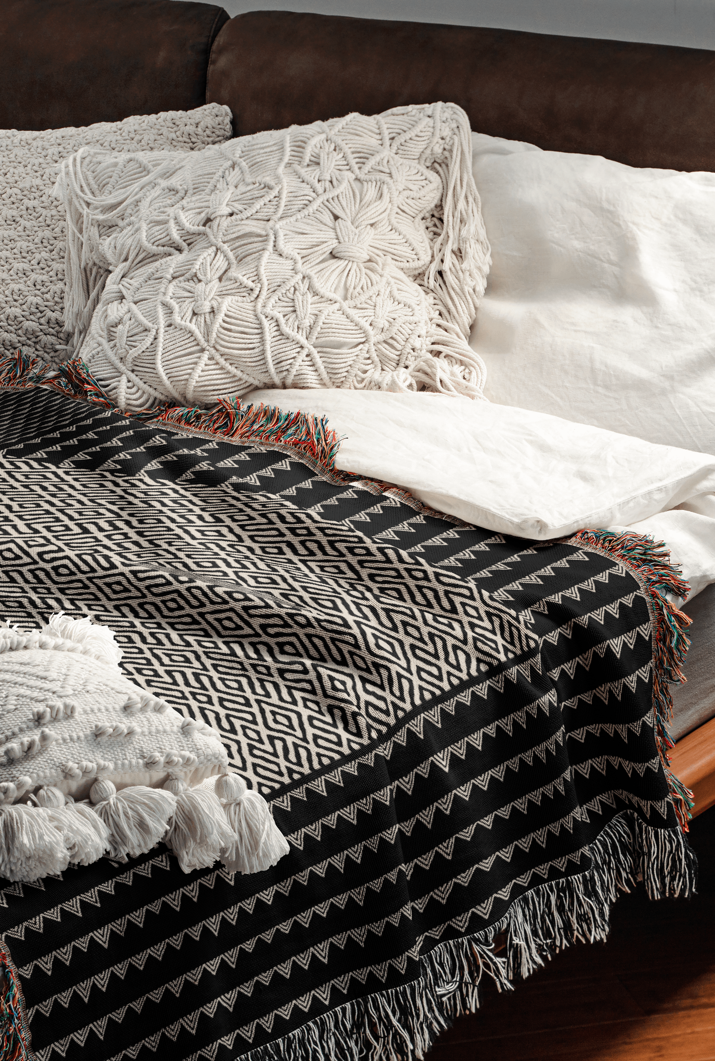 Modern Beige and Black Boho Lines Woven Blanket
