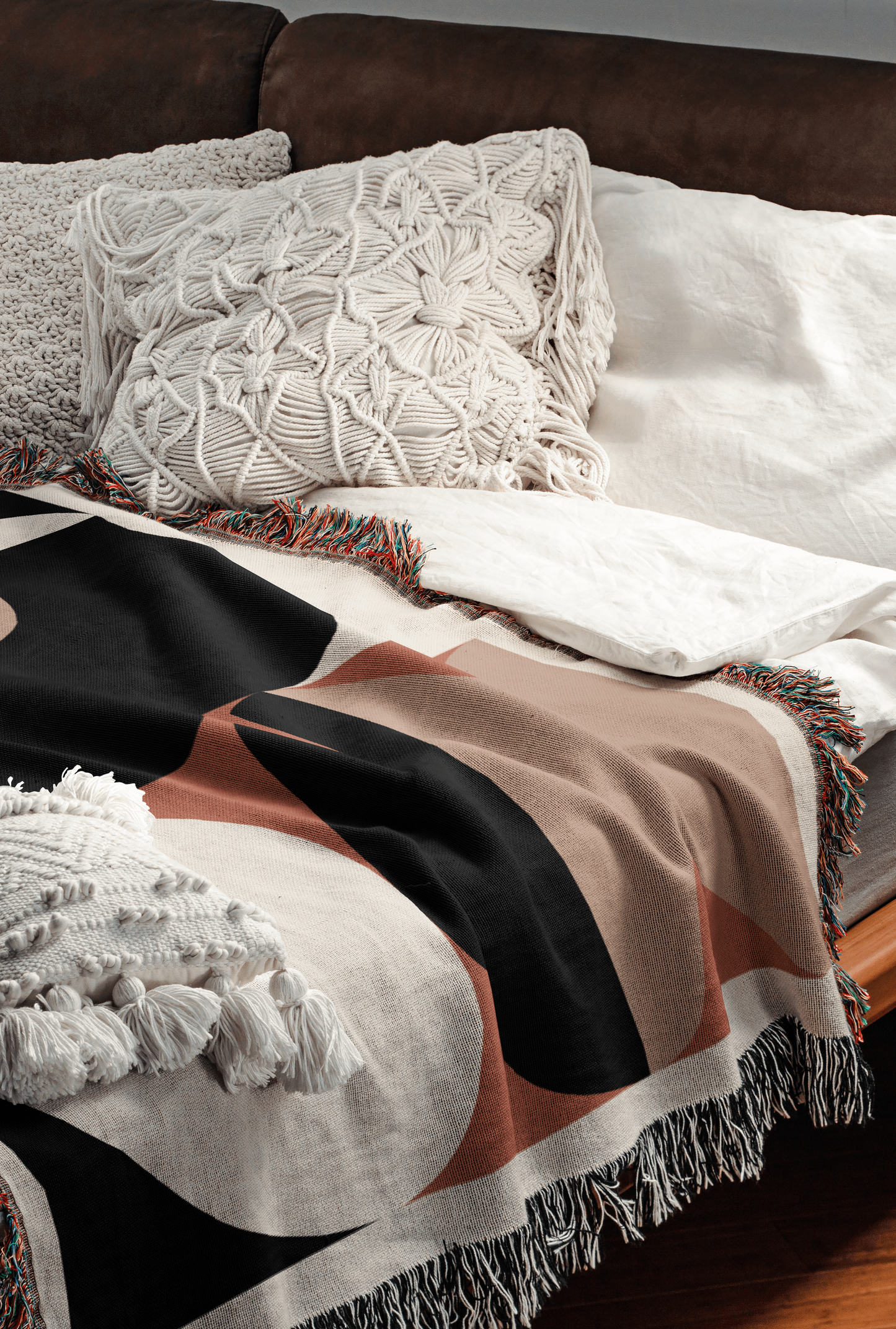 Bauhaus Geometric Woven Blanket in Black, White, and Terracotta
