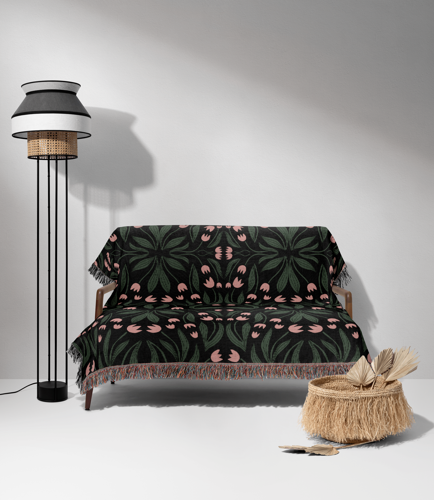 Green Pink and Black Floral Pattern Woven Blanket