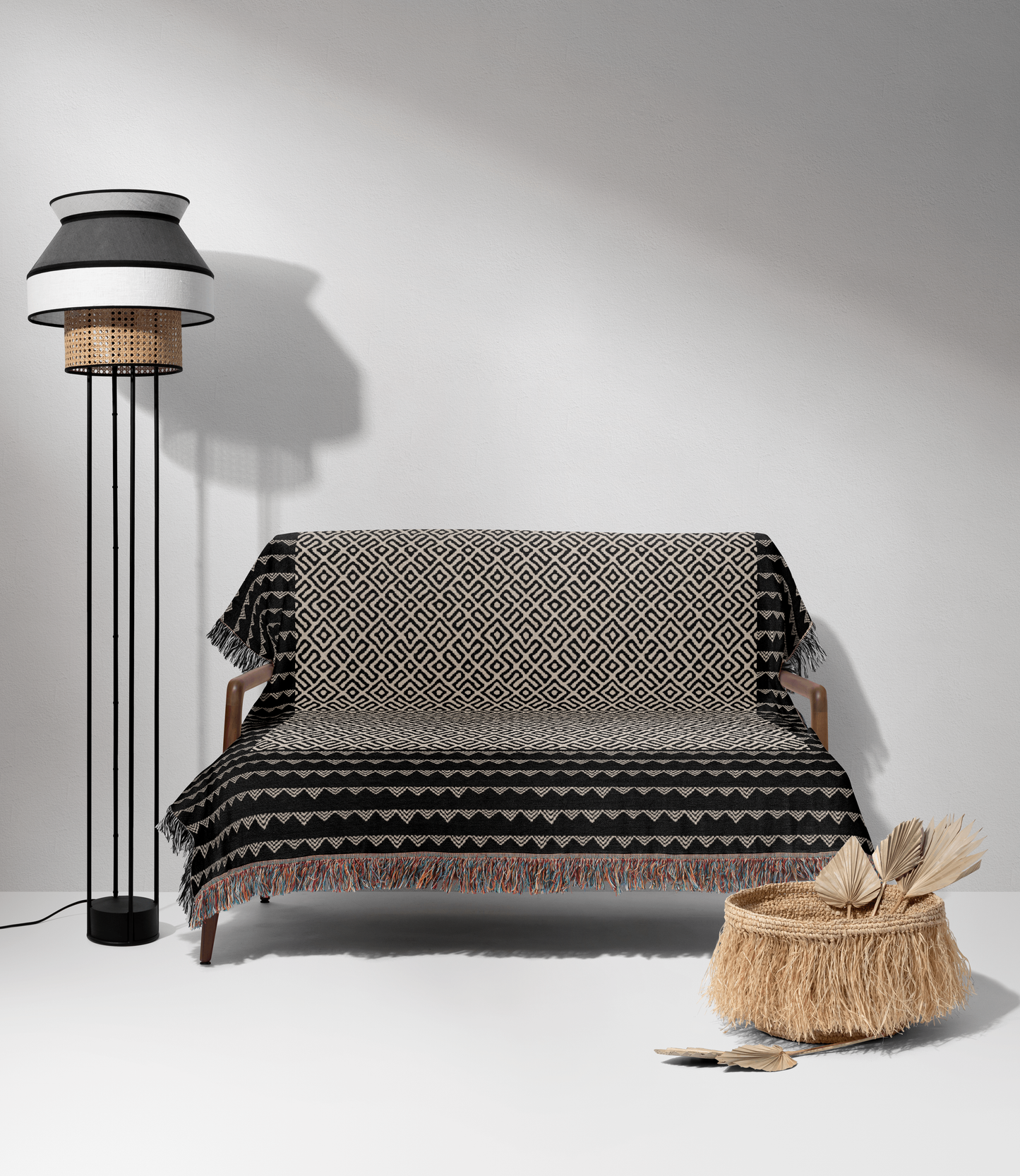 Modern Beige and Black Boho Lines Woven Blanket