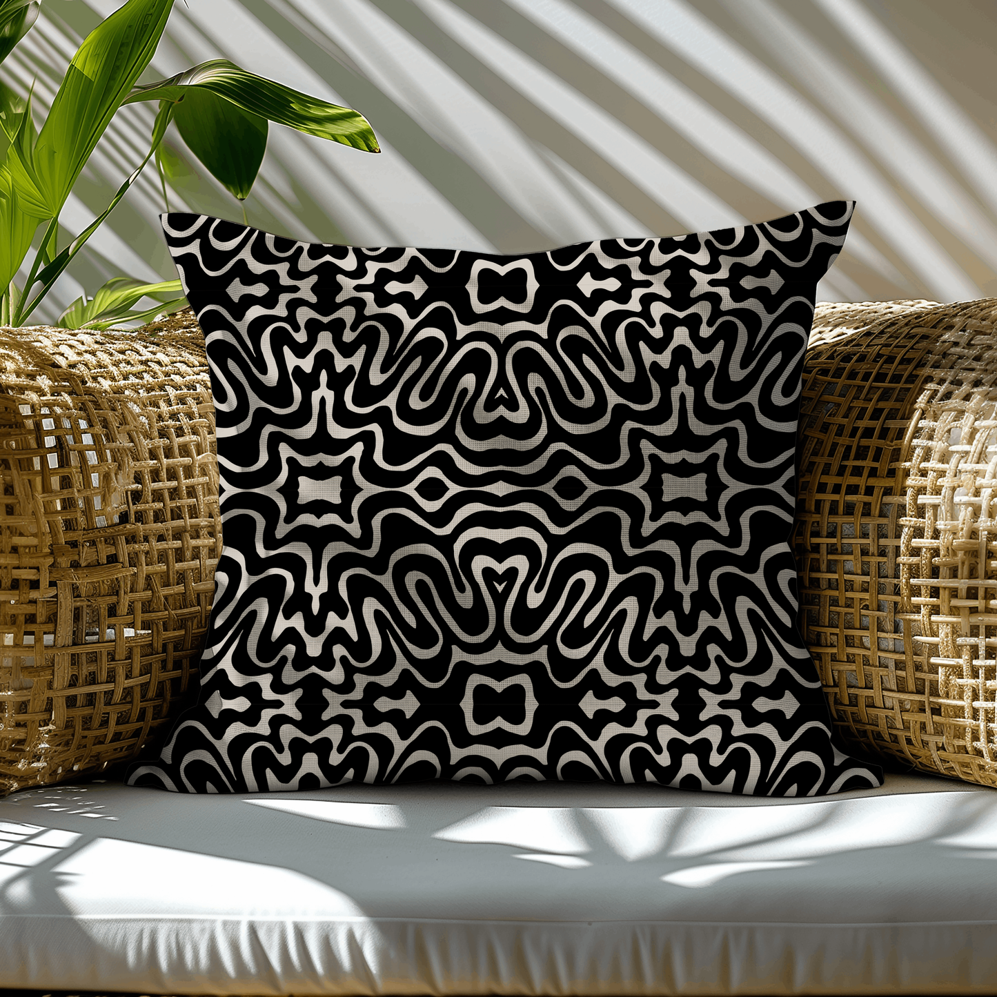 Abstract Black and Beige Psychedelic Pattern Woven Pillow