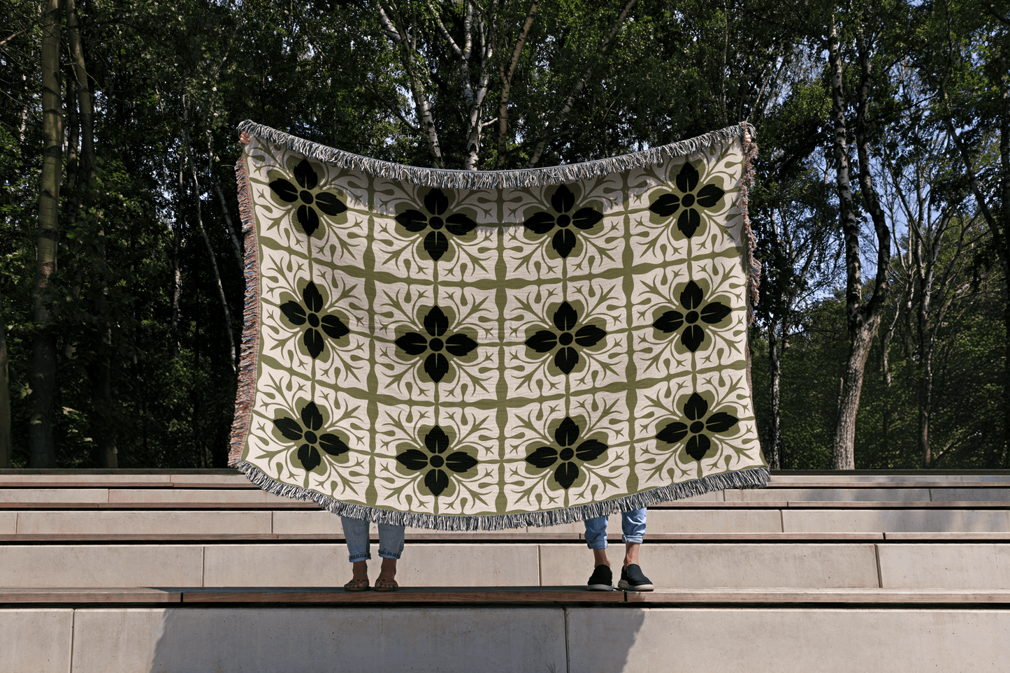Floral Tile Woven Cotton Blanket – Olive Green, Black & Cream