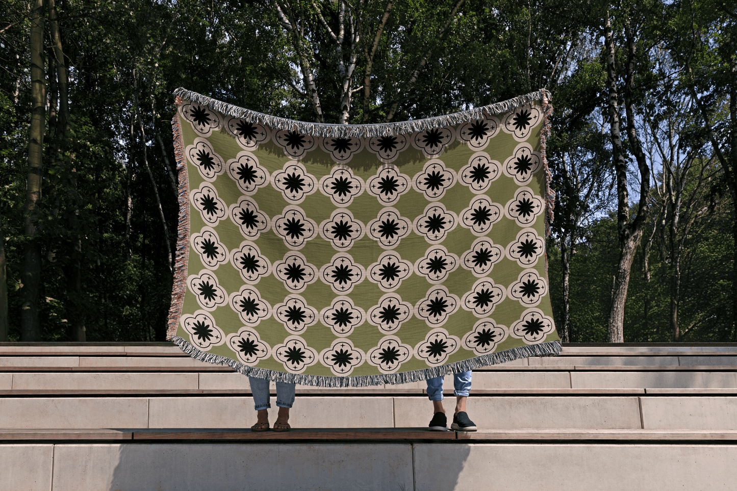 Olive Green Geometric Floral Woven Throw Blanket