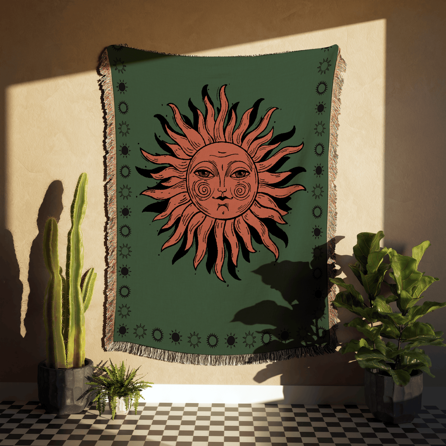 Green and Red Boho Sun Woven Cotton Throw Blankets - Taylor Bassam