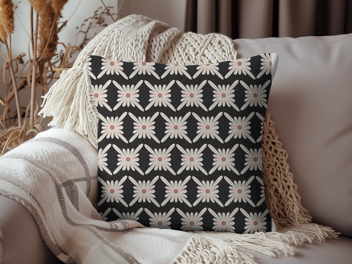 Contemporary Black and White Floral Woven Cotton Throw Pillow
