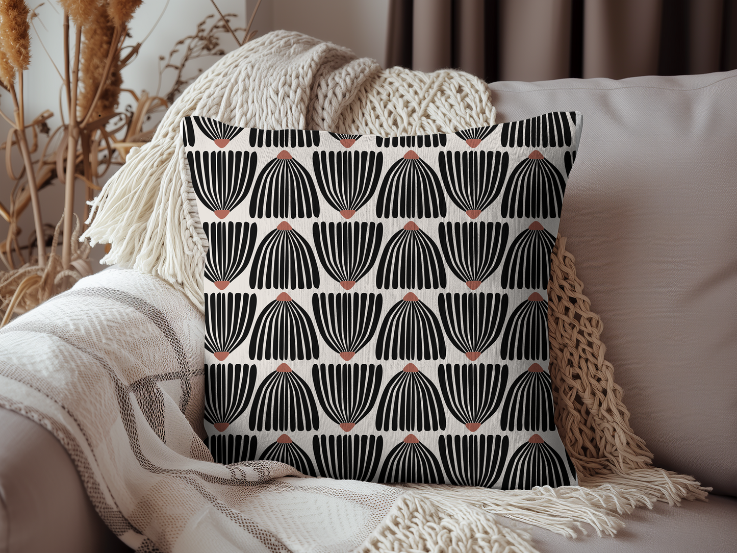 Retro Floral Design Woven Cotton Throw Pillow in Black and White