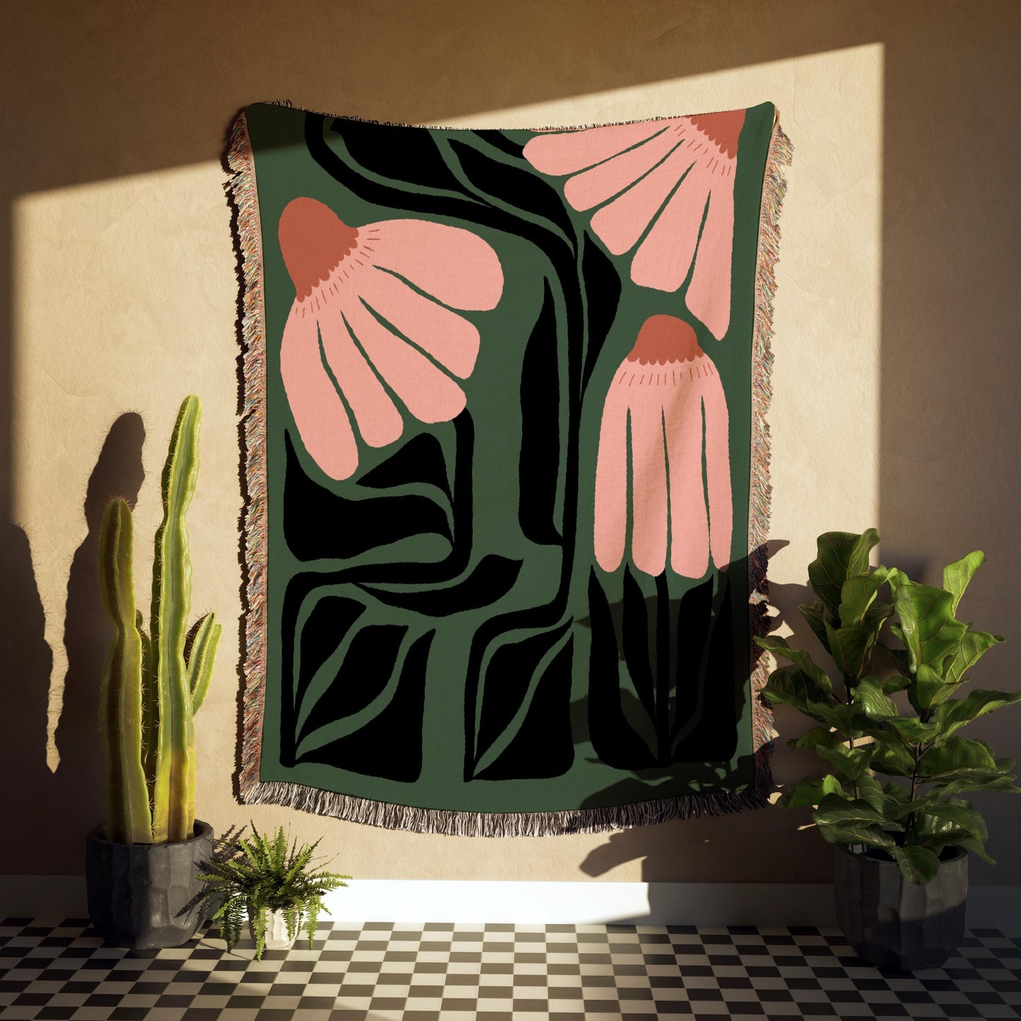 Green And Pink Matisse Flowers Woven Cotton Throw Blankets