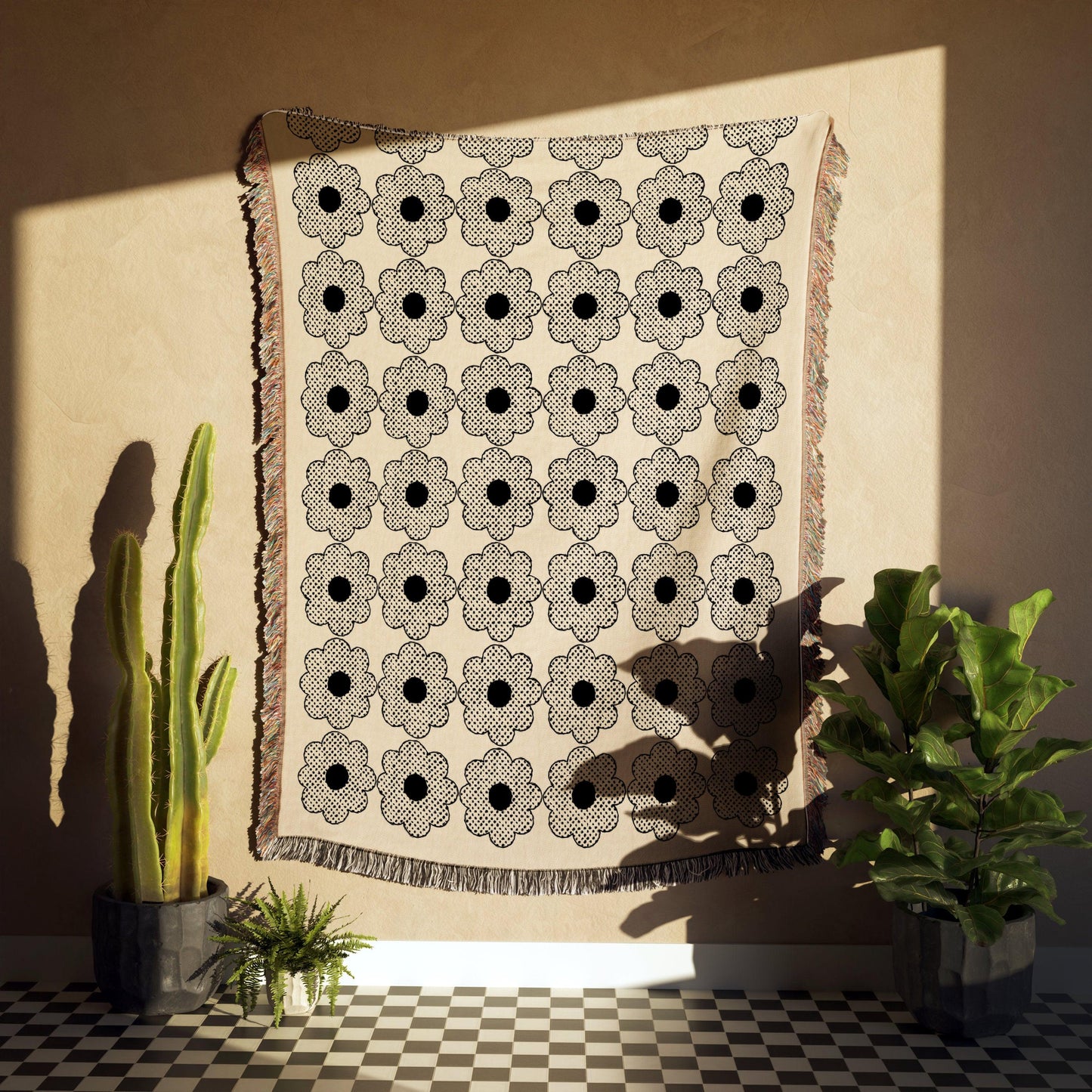Beige And Black Halftone Groovy Flower Woven Blankets