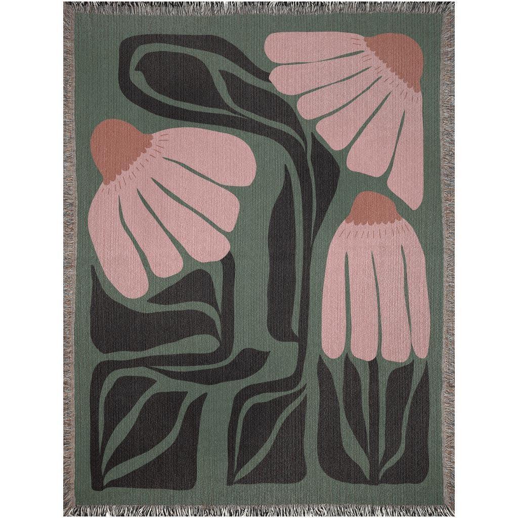 Green And Pink Matisse Flowers Woven Cotton Throw Blankets