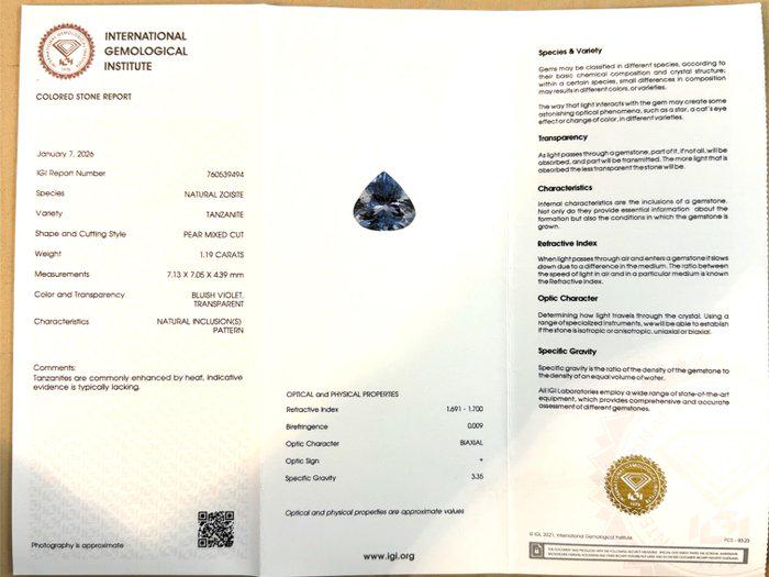 Natural Tanzanite 1.19 Ct Pear Cut | Certified Transparent Trillion Tanzanite