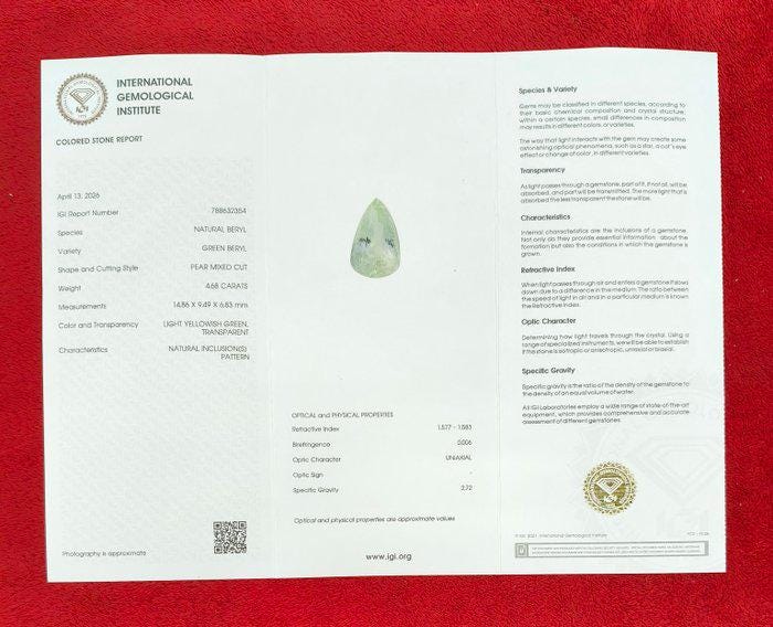Natural Green Beryl Gemstone | 4.68 Ct Pear Cut Certified Light Yellowish Green