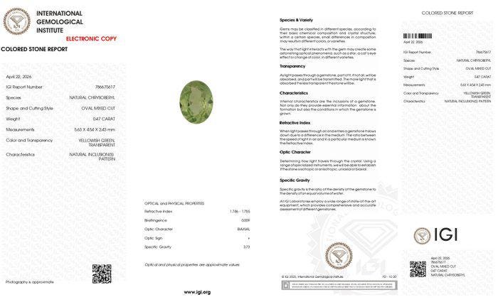 Natural Yellow Green Chrysoberyl Oval Gemstone | 0.47 Ct IGI Certified Collector Stone