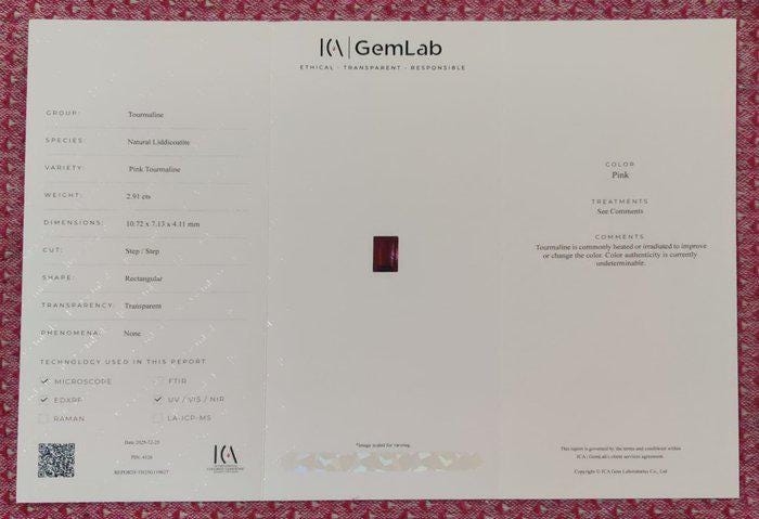 2.91 Ct Pink Tourmaline | Certified Natural Rubellite Tourmaline | Emerald Cut Loose Gemstone | Vibrant Pink Tourmaline for Custom Jewelry