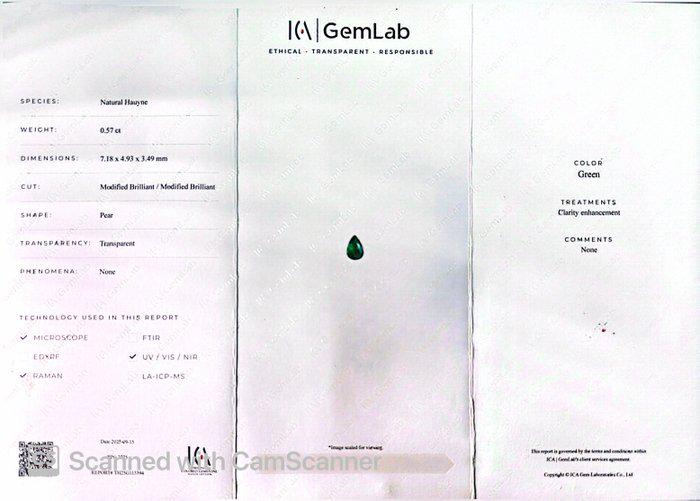 Certified Natural Green Hauyne 0.57 Ct | Pear Cut Loose Gemstone | ICA GemLab Certified | Rare Collector Gem | Genuine Hauyne