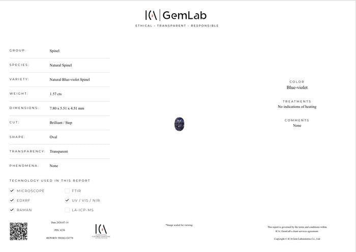 1.57 Ct Natural Blue Violet Spinel, Unheated Certified Spinel, Oval Loose Gemstone, ICA GemLab Report, Engagement Ring Stone