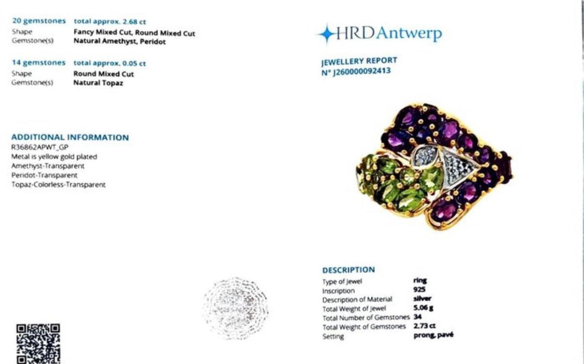 Certified Amethyst Peridot Ring | 2.73 CT Natural Gemstone Statement Ring | Gold Plated Sterling Silver | HRD Antwerp