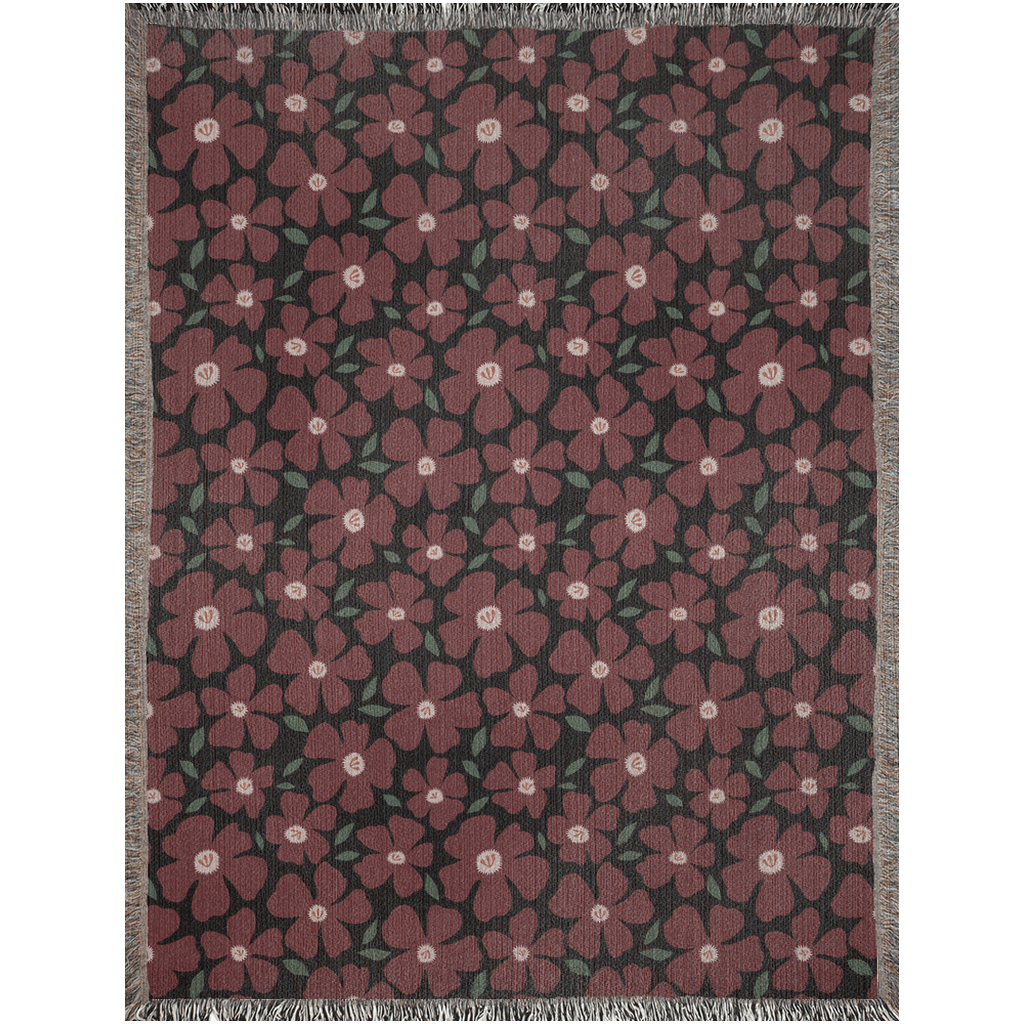 Maroon and Black Daisy Pattern Woven Blanket