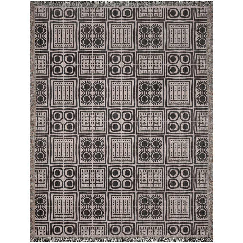 Geometric Patchwork Woven Cotton Blanket in Beige and Black