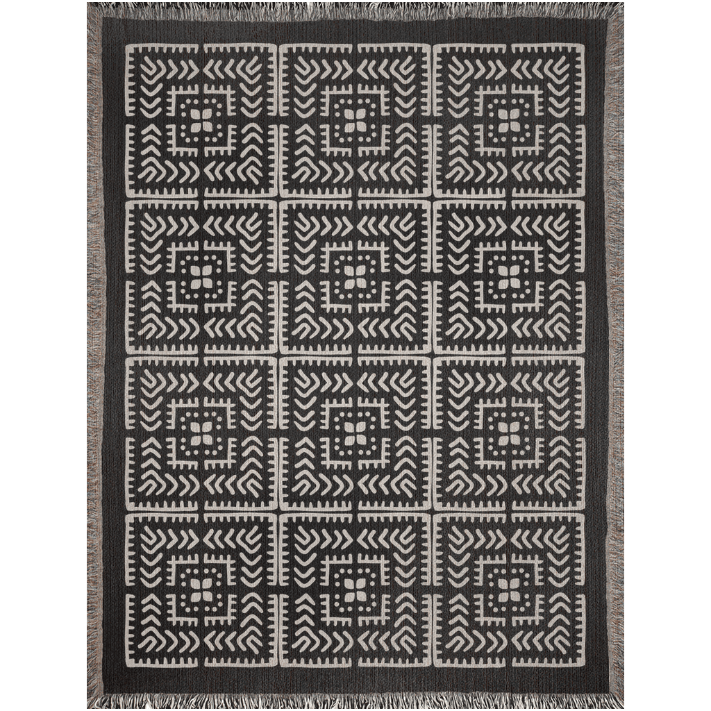 Black and Beige Intricate Motif Pattern Woven Cotton Throw Blankets - Taylor Bassam