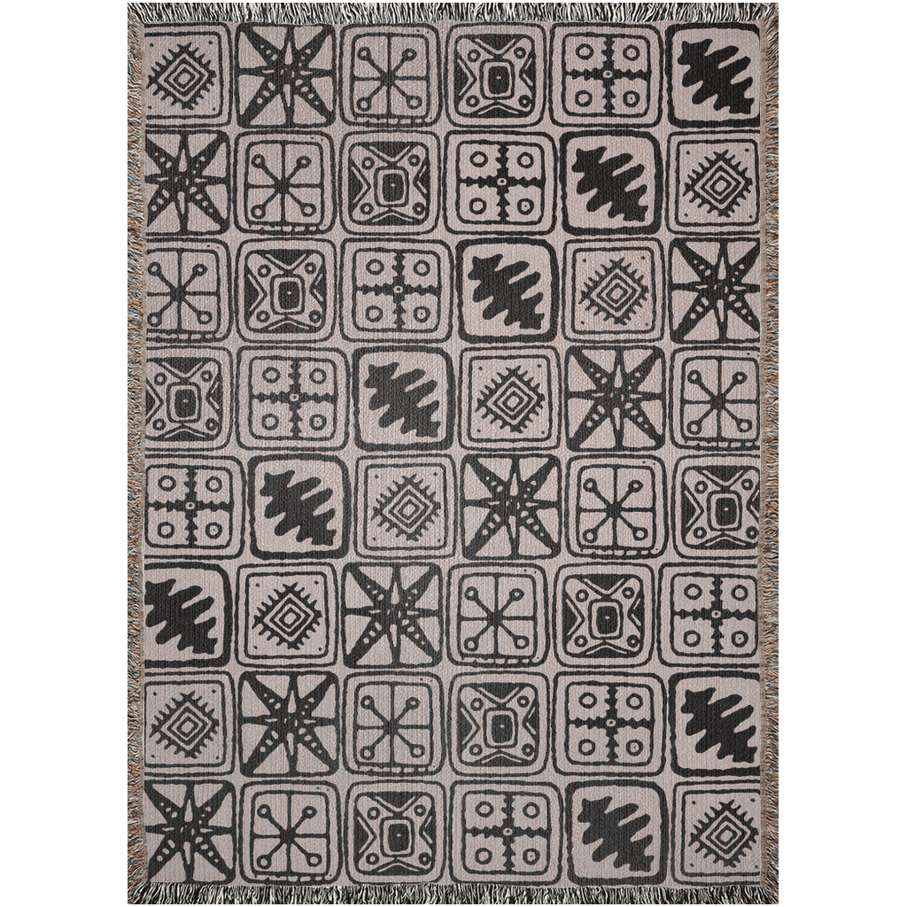 Tribal Motif Patchwork Woven Cotton Blanket in Beige and Black