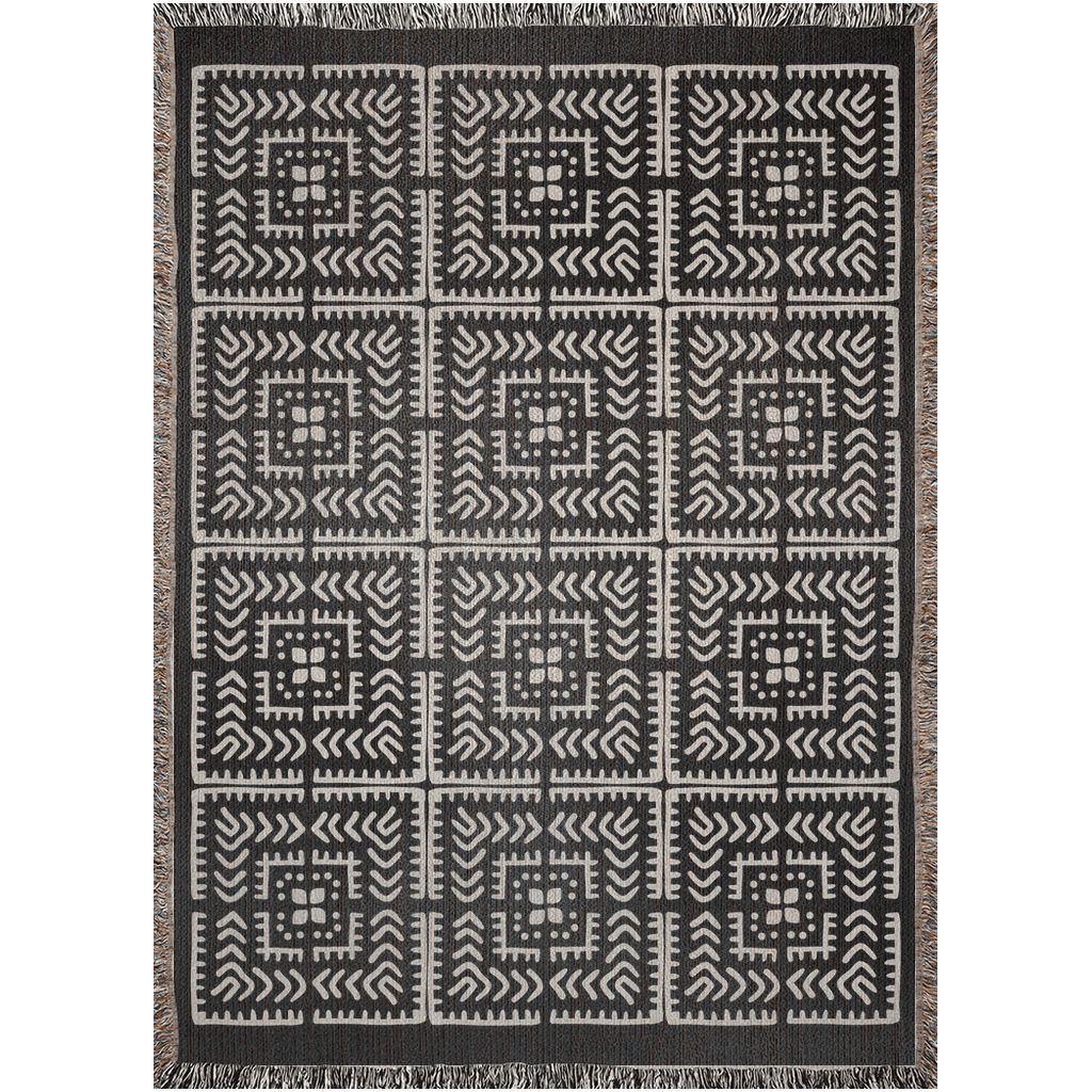 Black and Beige Intricate Motif Pattern Woven Cotton Throw Blankets - Taylor Bassam