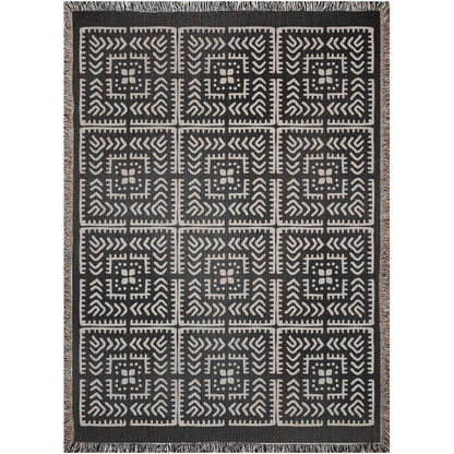 Black and Beige Intricate Motif Pattern Woven Cotton Throw Blankets - Taylor Bassam