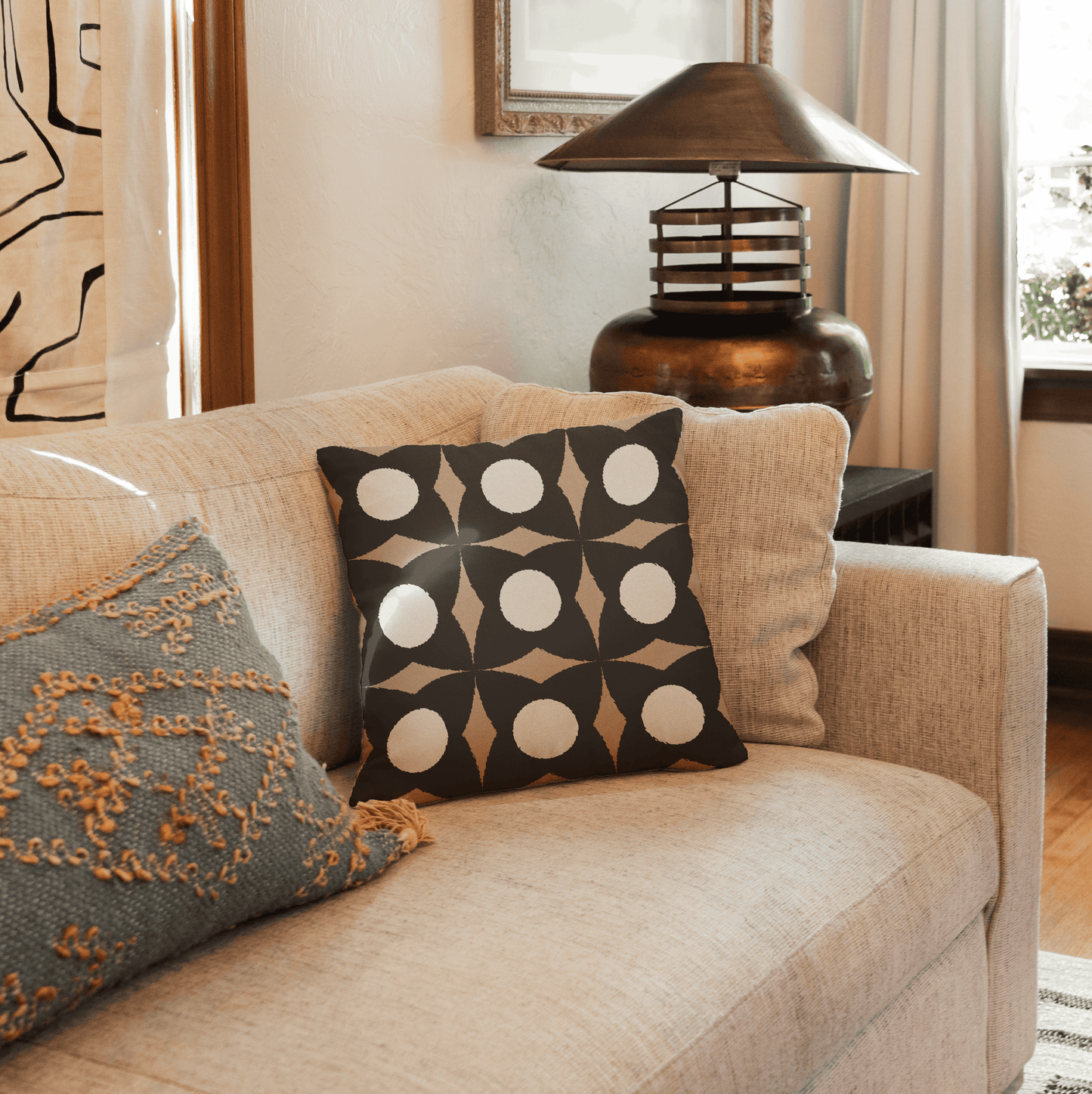 Beige and Black Geometric Luxe Woven Pillow