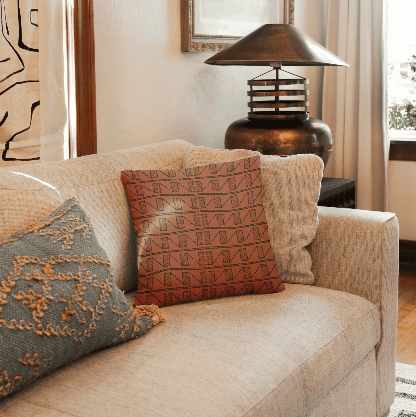 Burnt Orange Geometric Motif Woven Pillow