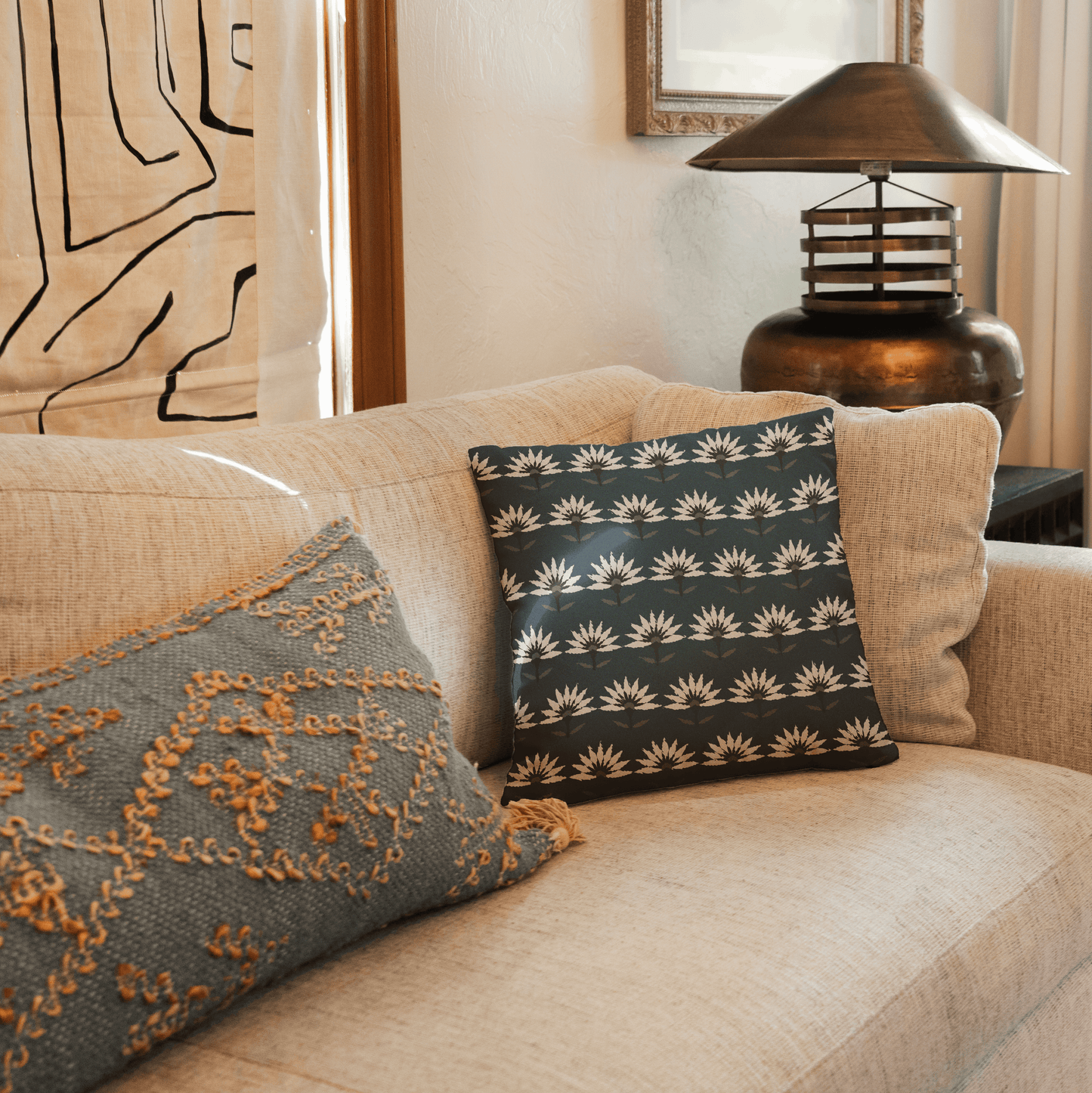 Blue Art Deco Flower Woven Pillow