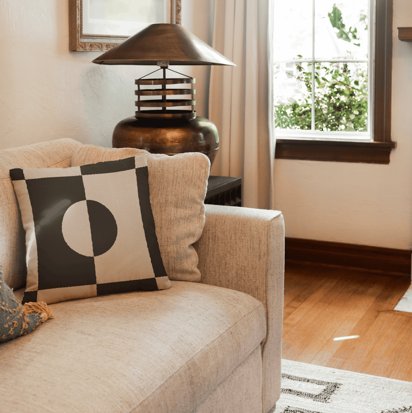 Minimalist Black and Beige Geometric Woven Pillow