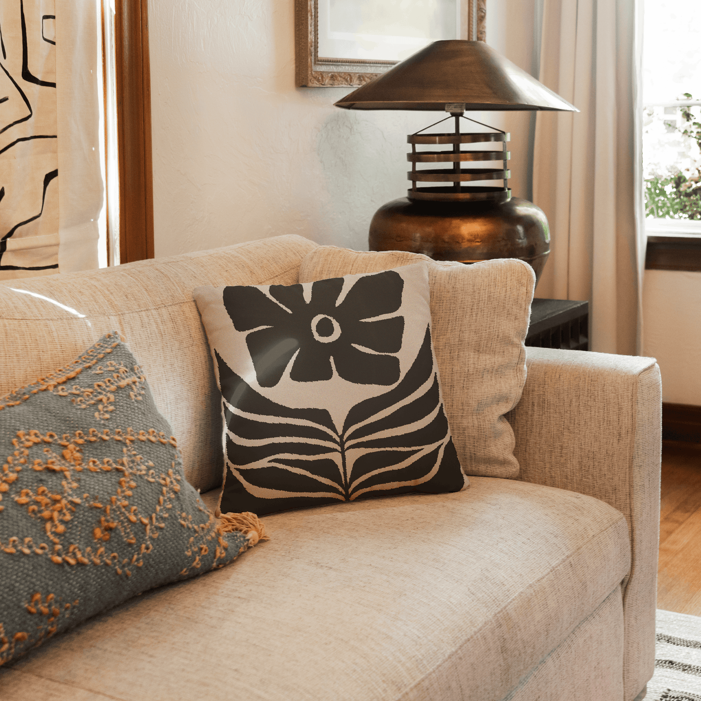 Black and Beige Bold Floral Woven Pillow