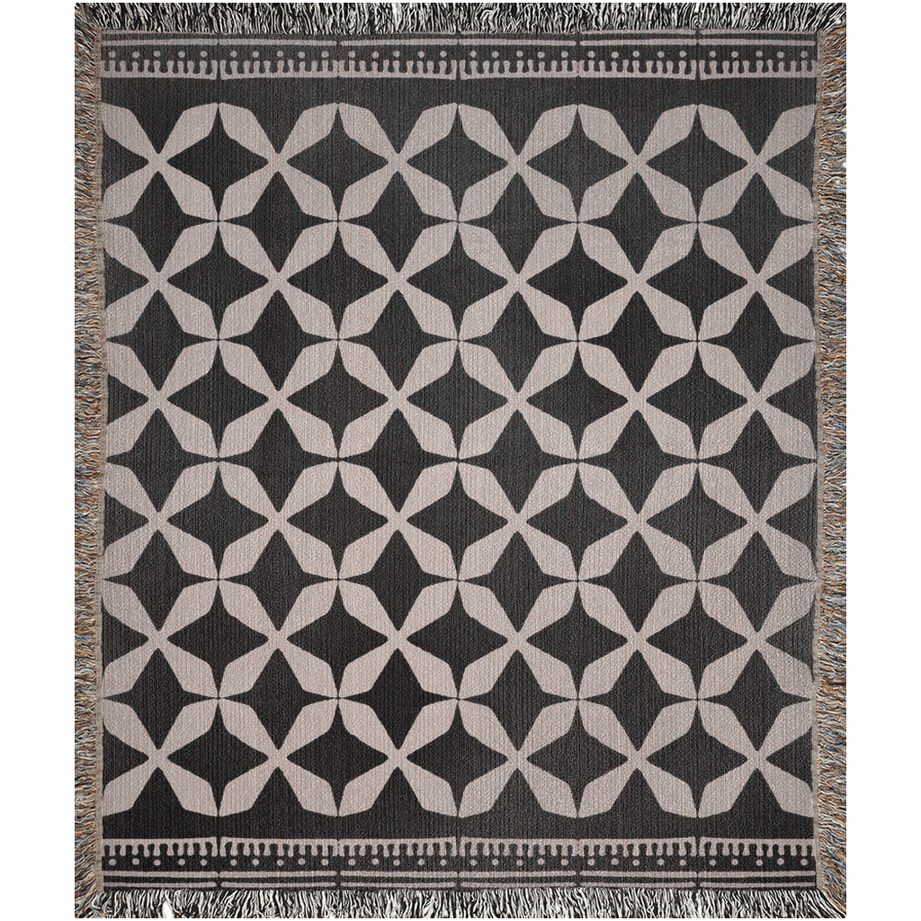 Abstract Star Motif Woven Cotton Blanket in Black and Beige