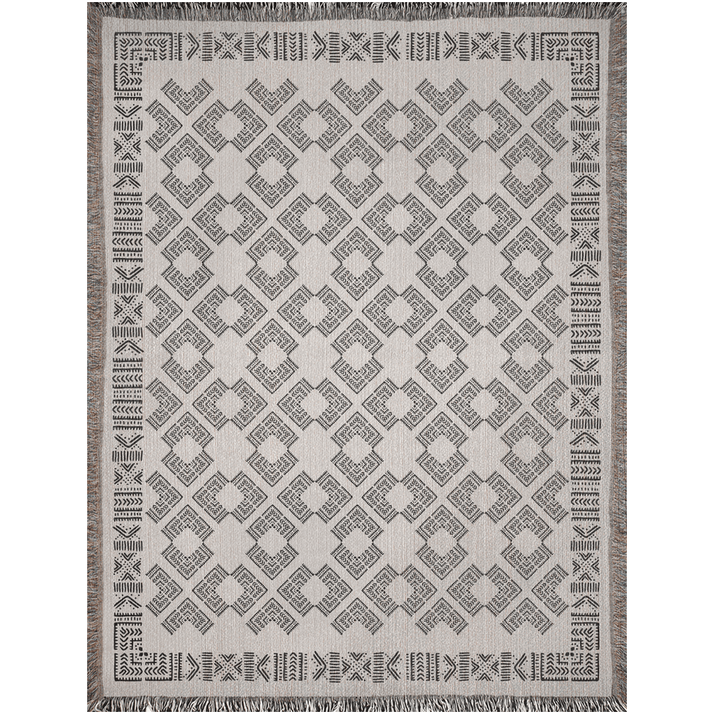 Intricate Boho Motif Black and Beige Woven Cotton Throw Blankets - Taylor Bassam