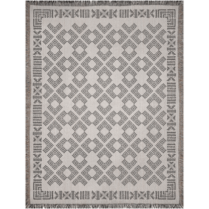 Intricate Boho Motif Black and Beige Woven Cotton Throw Blankets - Taylor Bassam