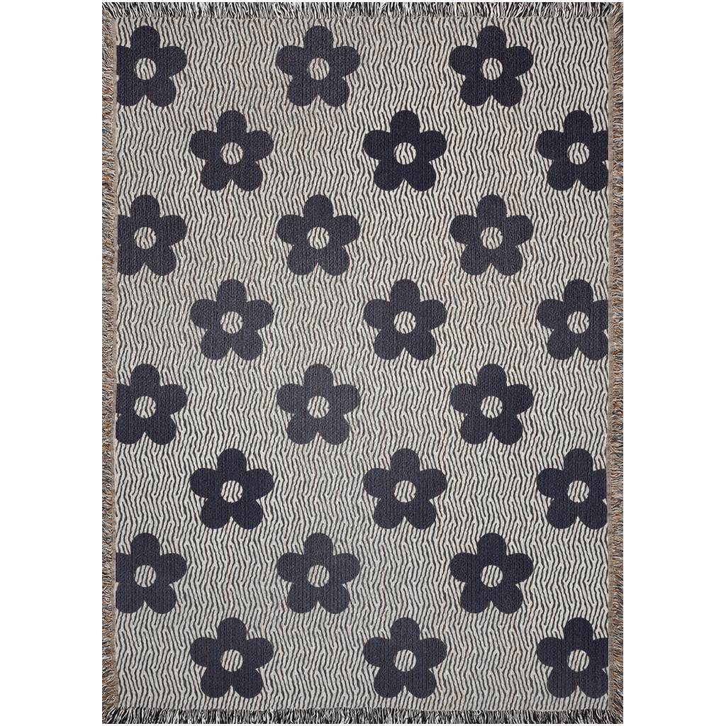 60s Black And White Flower Pattern Cotton Weave Throw Blankets - Taylor Bassam