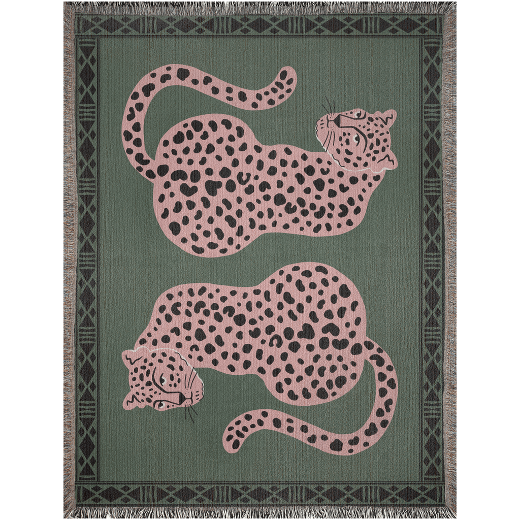 Playful Leopards Woven Cotton Blanket in Green, Pink, and Black