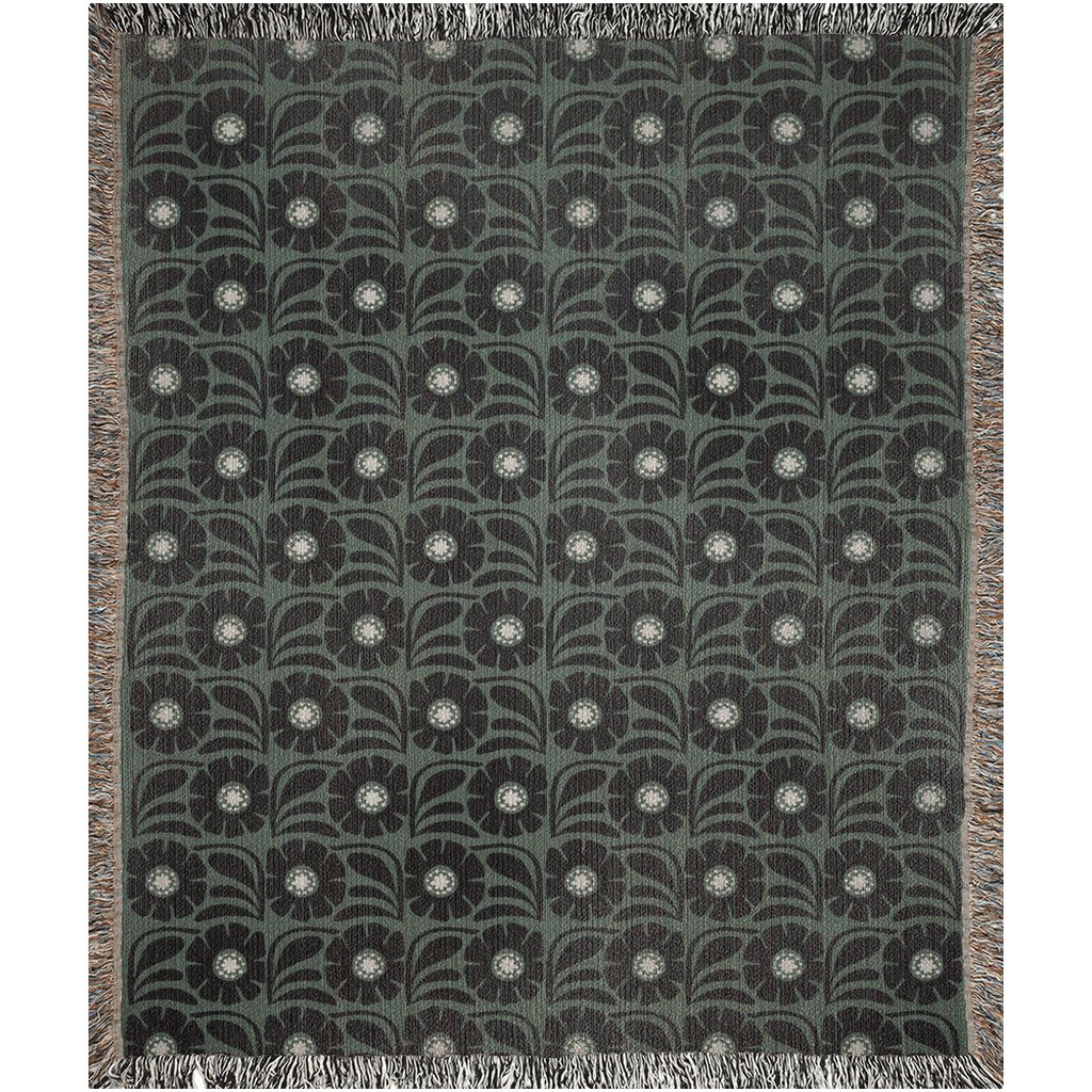 Green And Black Retro Flower Woven Cotton Throw Blankets - Taylor Bassam