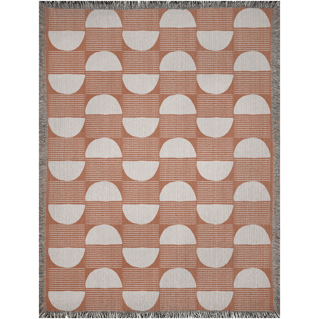 Terracotta Geometric Woven Throw Blanket with Half-Moon Pattern