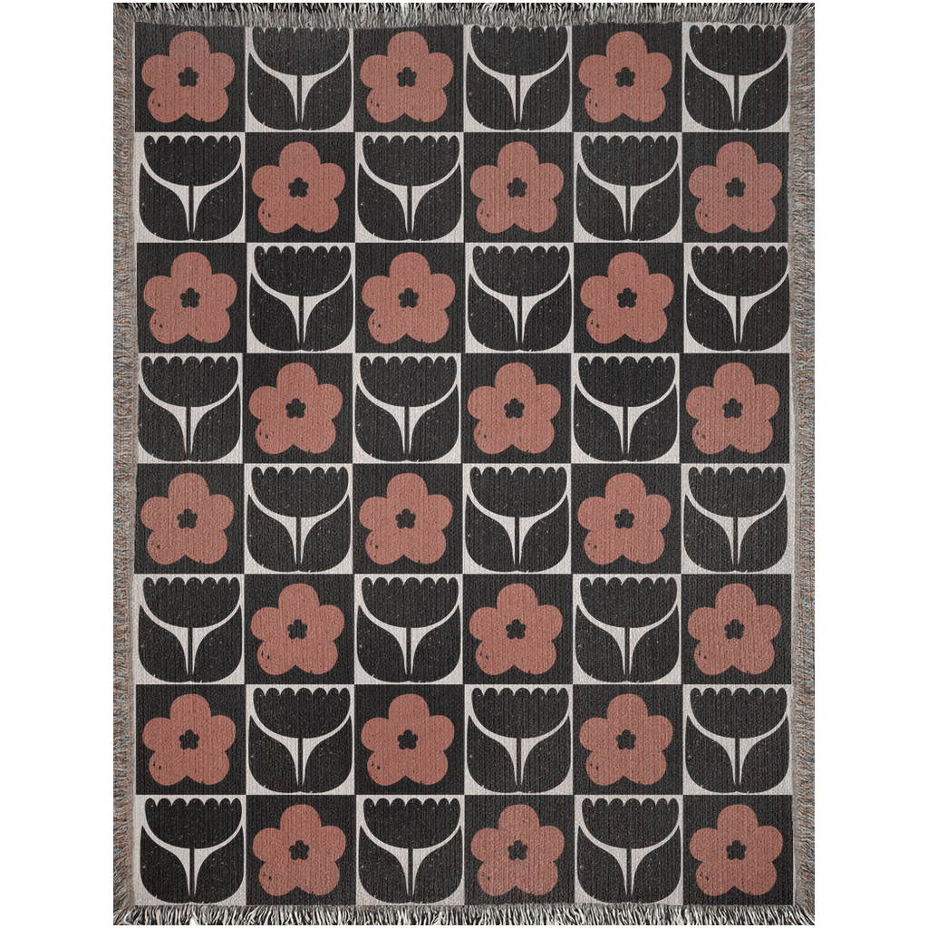 Floral Checkered Woven Cotton Blanket in Terracotta and Black