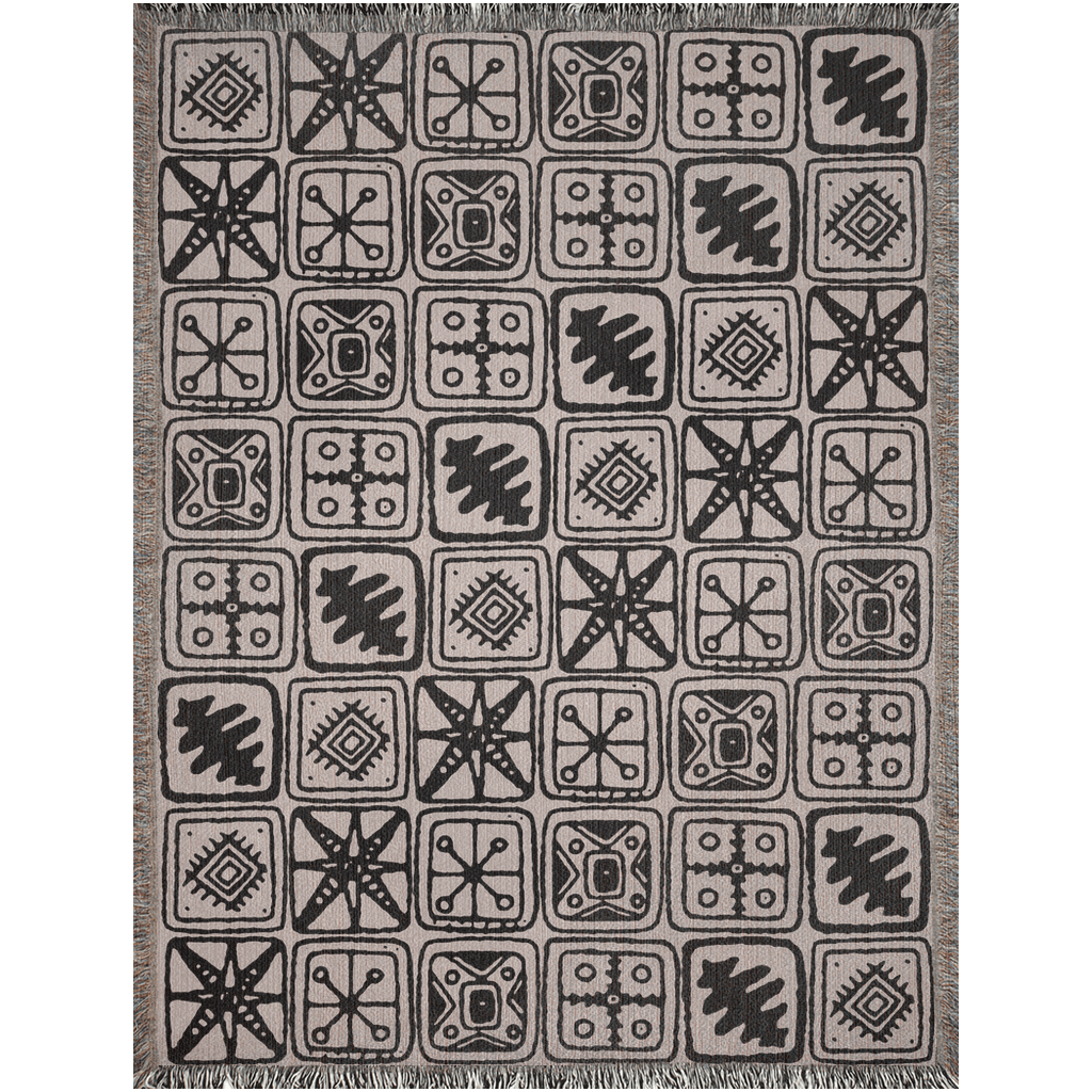 Tribal Motif Patchwork Woven Cotton Blanket in Beige and Black