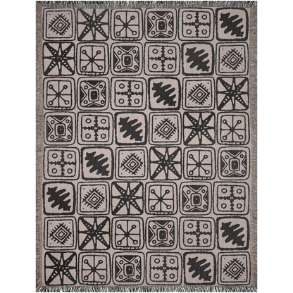 Tribal Motif Patchwork Woven Cotton Blanket in Beige and Black