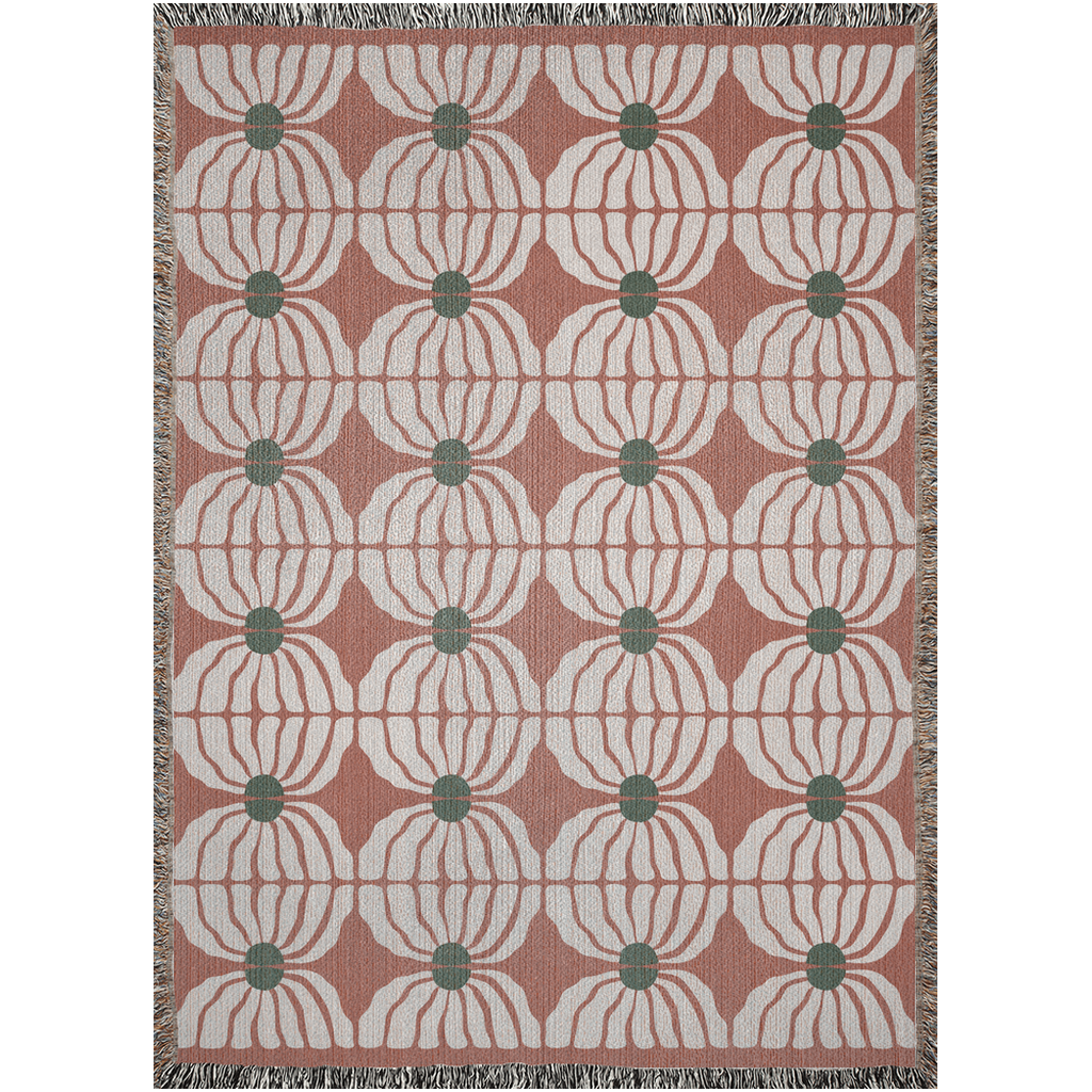 Retro Bloom Woven Cotton Blanket in Terracotta, Green, and White