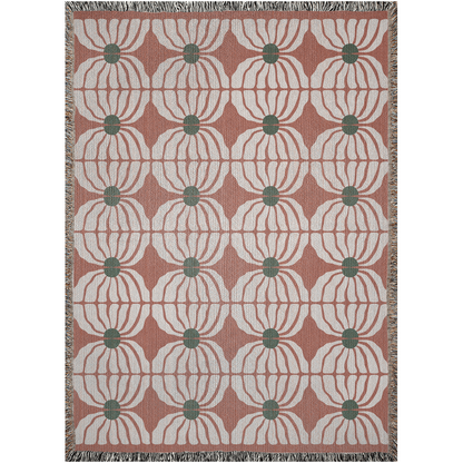 Retro Bloom Woven Cotton Blanket in Terracotta, Green, and White