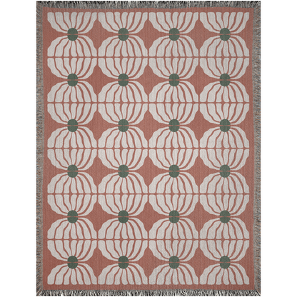 Retro Bloom Woven Cotton Blanket in Terracotta, Green, and White