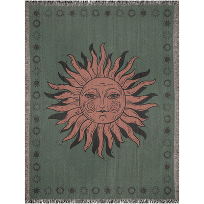 Green and Red Boho Sun Woven Cotton Throw Blankets - Taylor Bassam