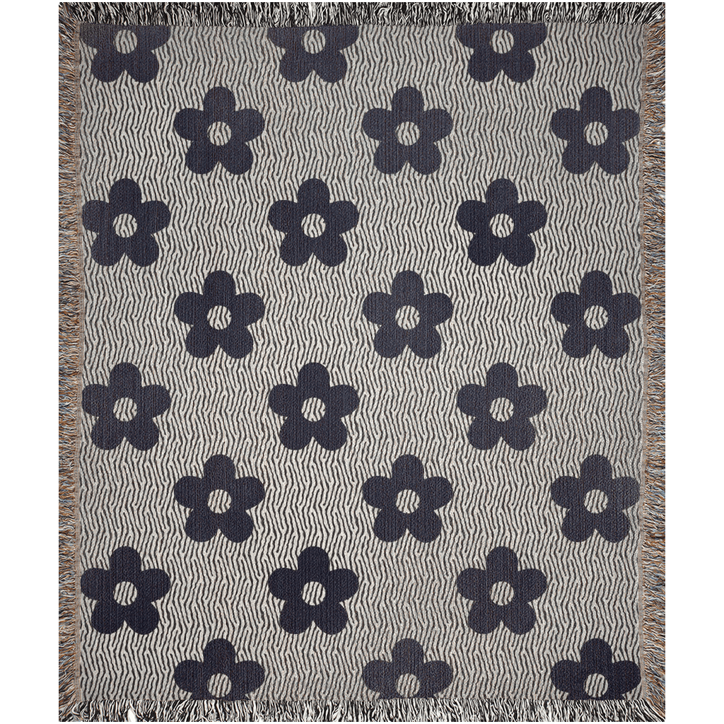 60s Black And White Flower Pattern Cotton Weave Throw Blankets - Taylor Bassam