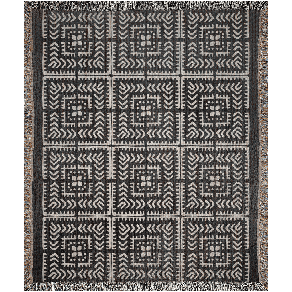 Black and Beige Intricate Motif Pattern Woven Cotton Throw Blankets - Taylor Bassam